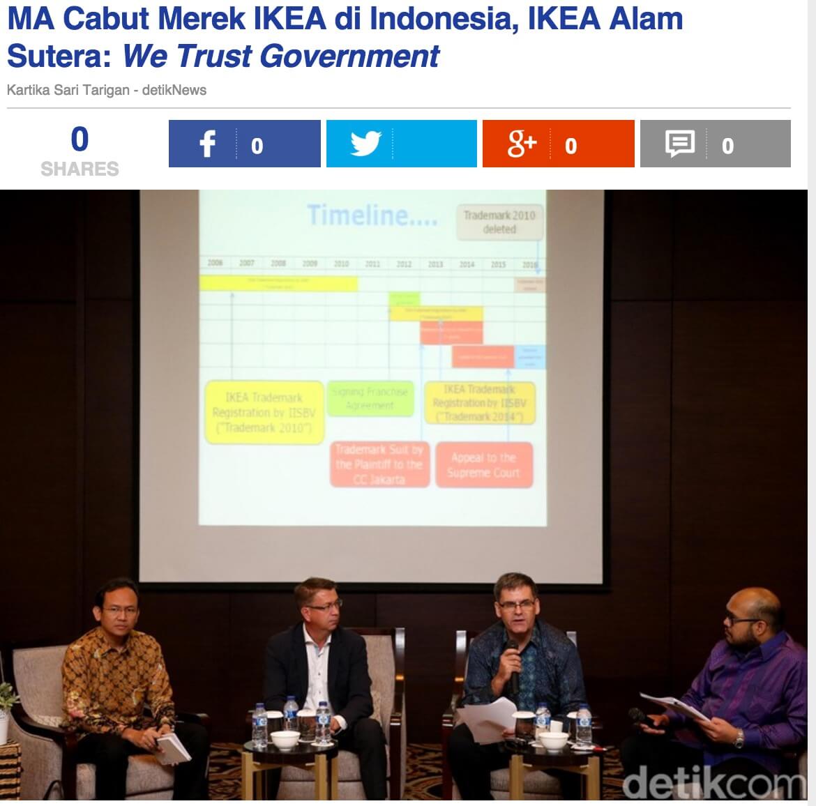 「最高裁はインドネシアにおけるIKEA商標を剥奪。IKEA Alam Sutera社は「我々は政府を信じる」とコメント」とのdetik.comの記事より