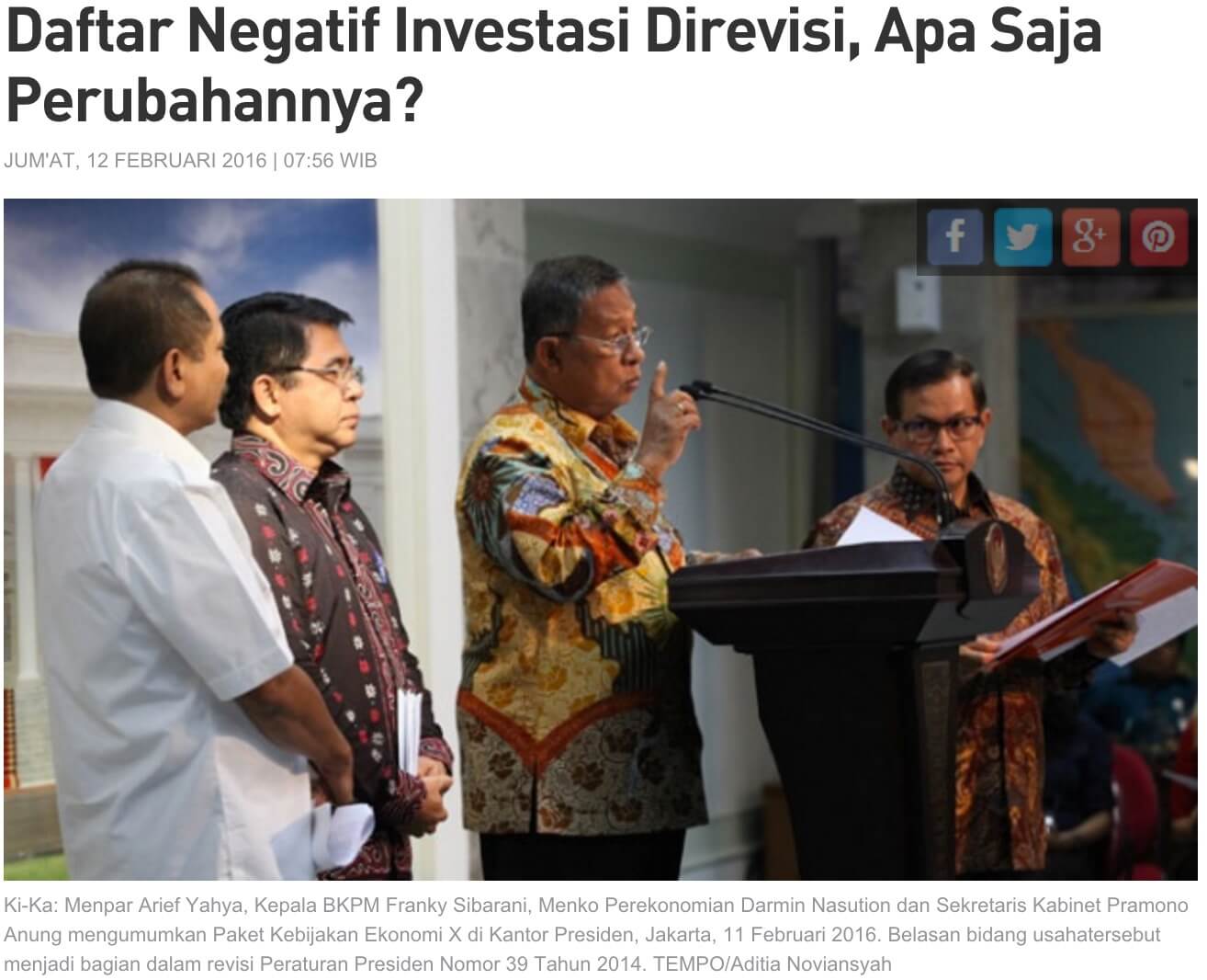 「外資の投資制限を定めたネガティブリストの改訂で何が変わったのか？」と題するKompasの記事より