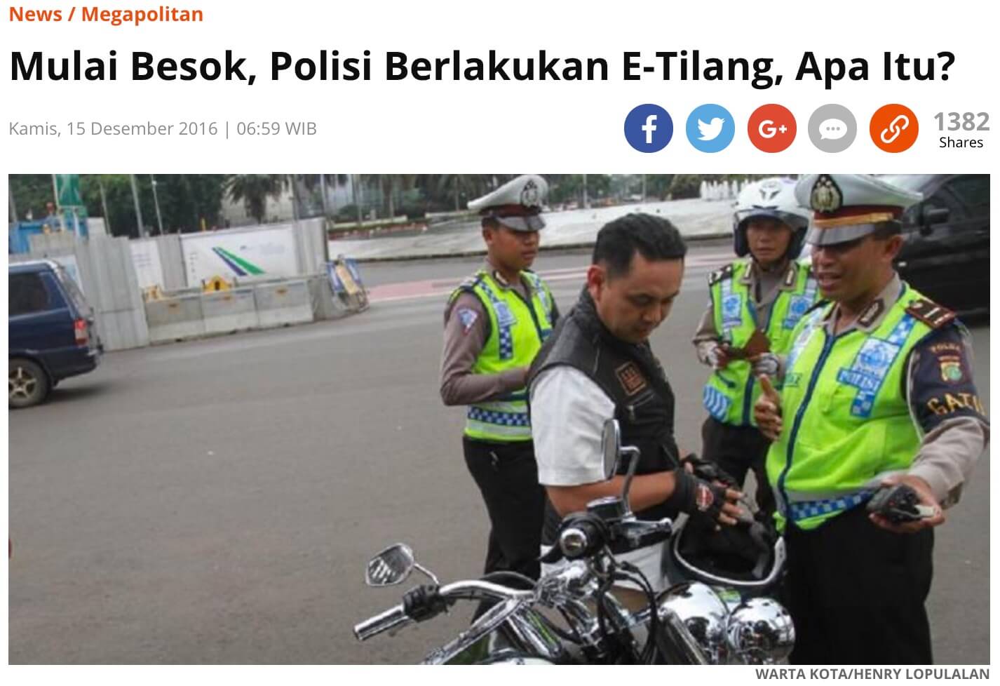 「明日から警察がE-Tilangをスタート。何それ？」と題する記事（インドネシアの主要メディアKompasより）