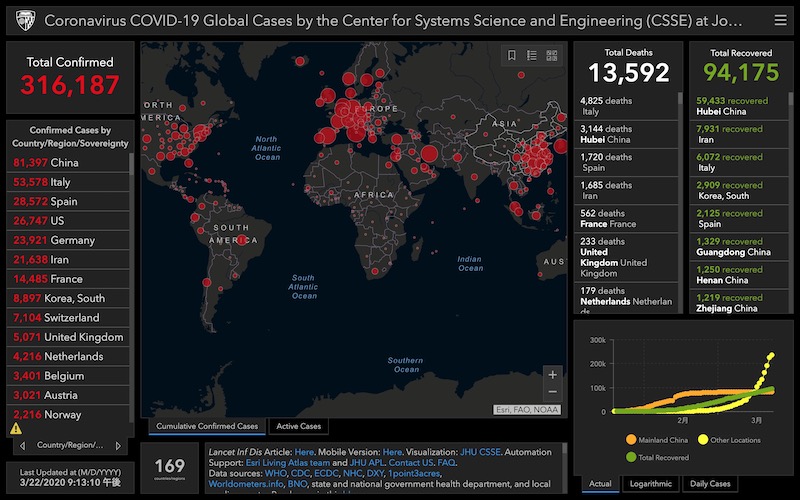 コロナウイルス感染状況 ジョンズ・ホプキンス大学の研究チームによる集計
